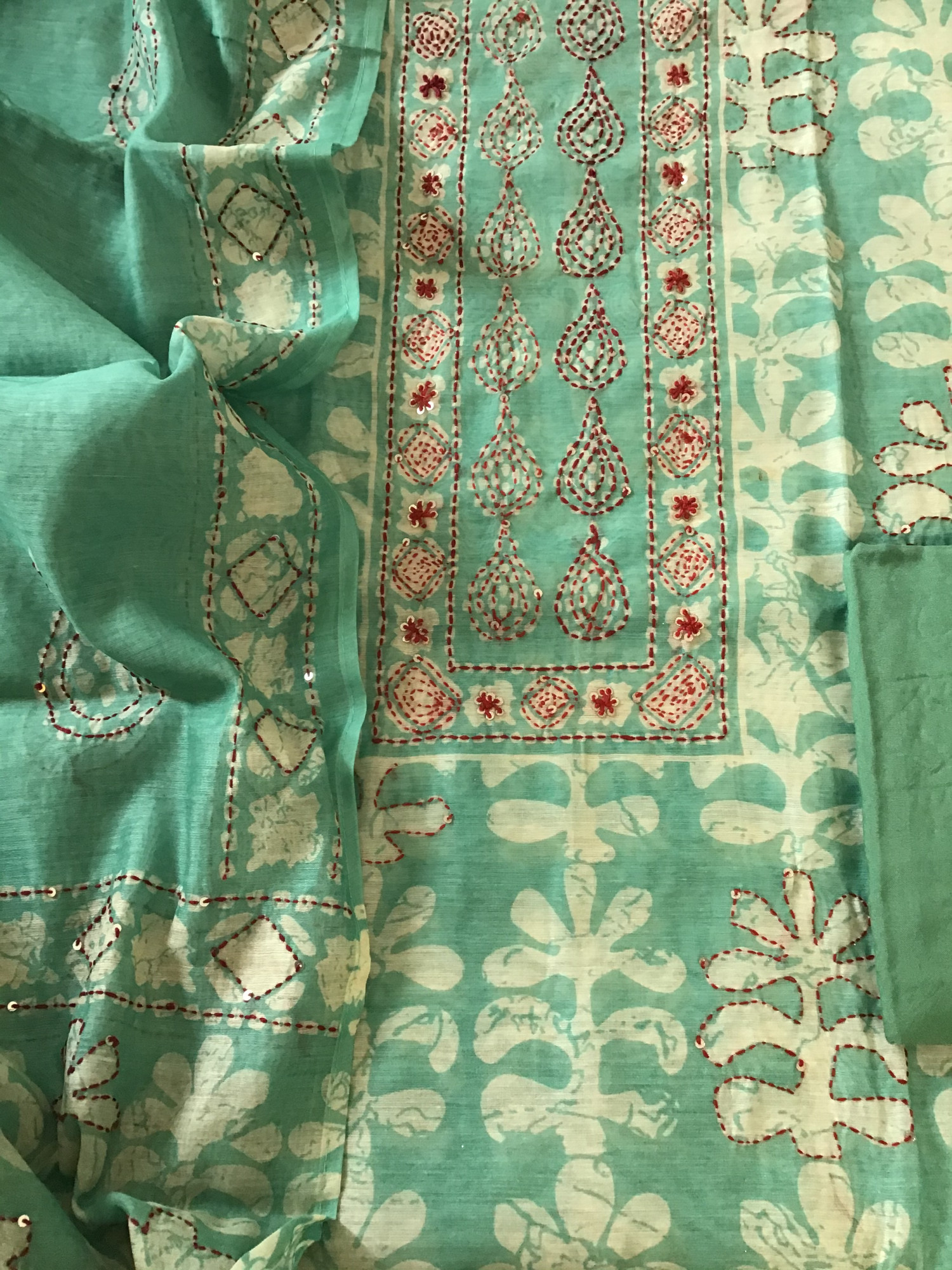 Soft Kora Chanderi Printed Embroidered Suit - Sea Green