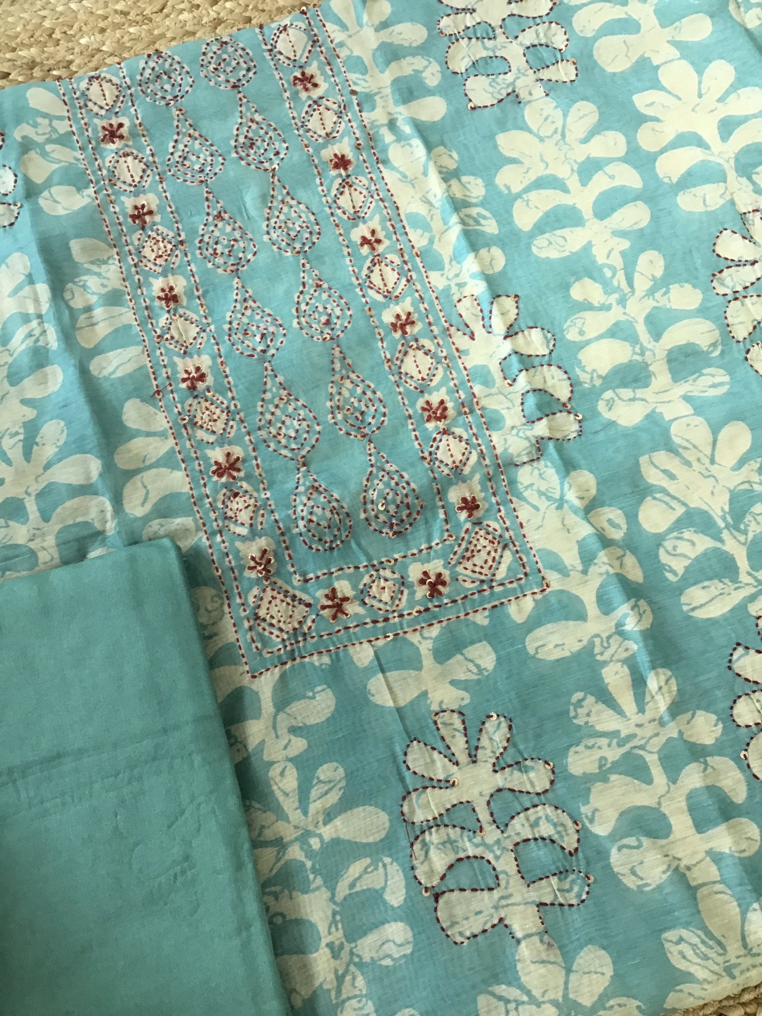Soft Kora Chanderi Printed Embroidered Suit - Sea Blue