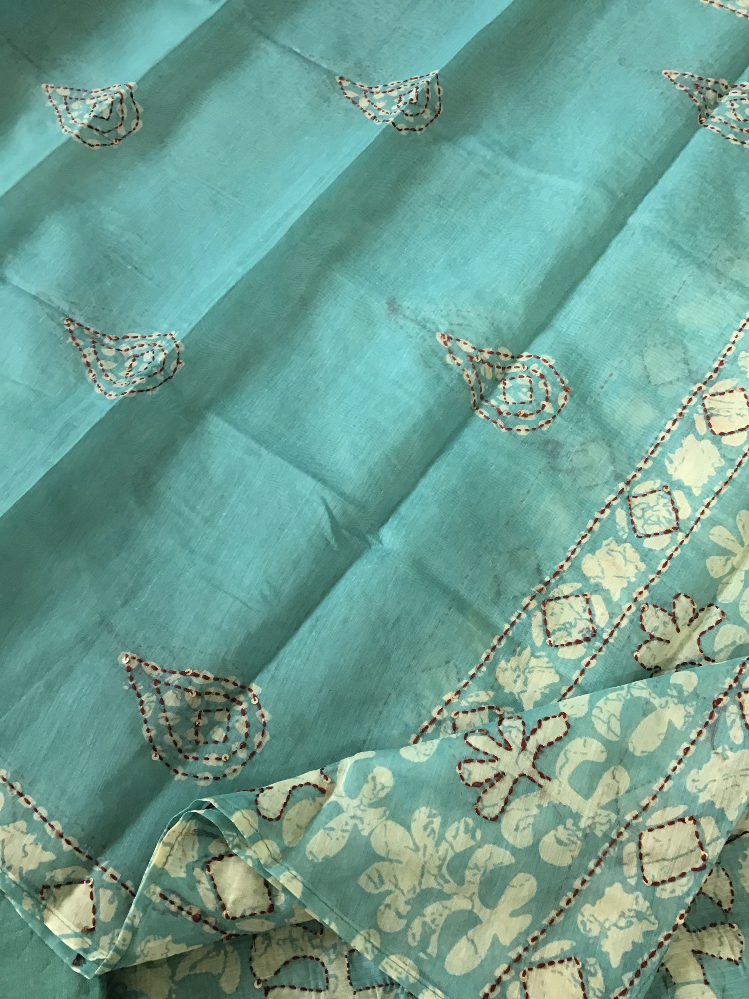 Soft Kora Chanderi Printed Embroidered Suit - Sea Blue