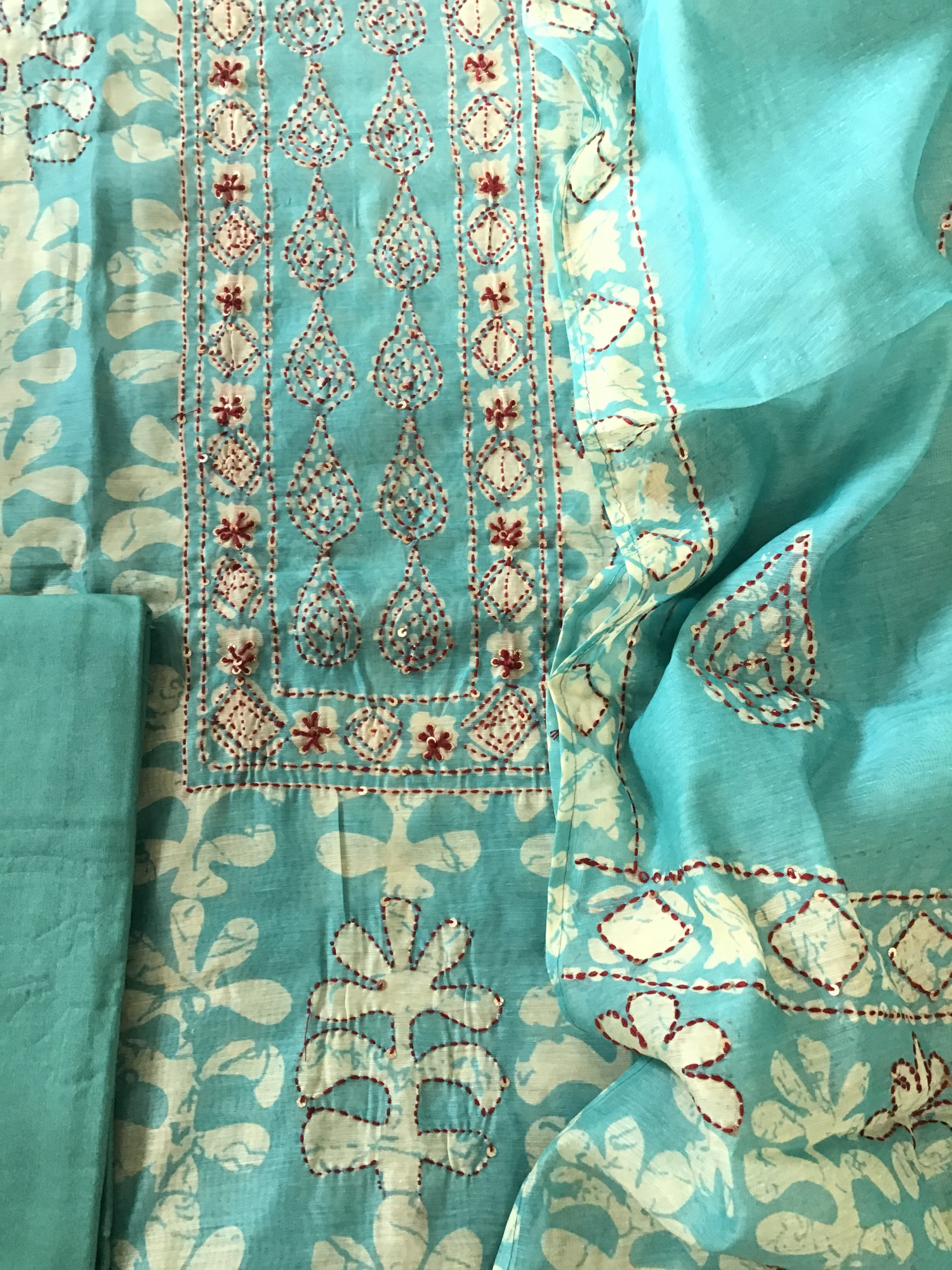 Soft Kora Chanderi Printed Embroidered Suit - Sea Blue
