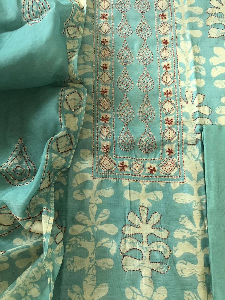 Image of Soft Kora Chanderi Printed Embroidered Suit - Sea Blue