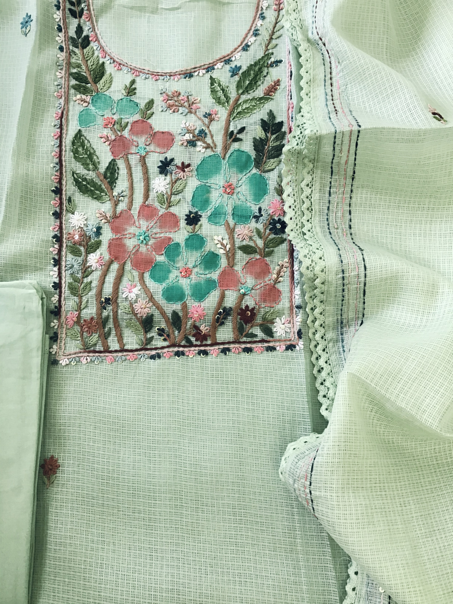 Soft Kota Silk Brush Painted Embroidered Suit - Green