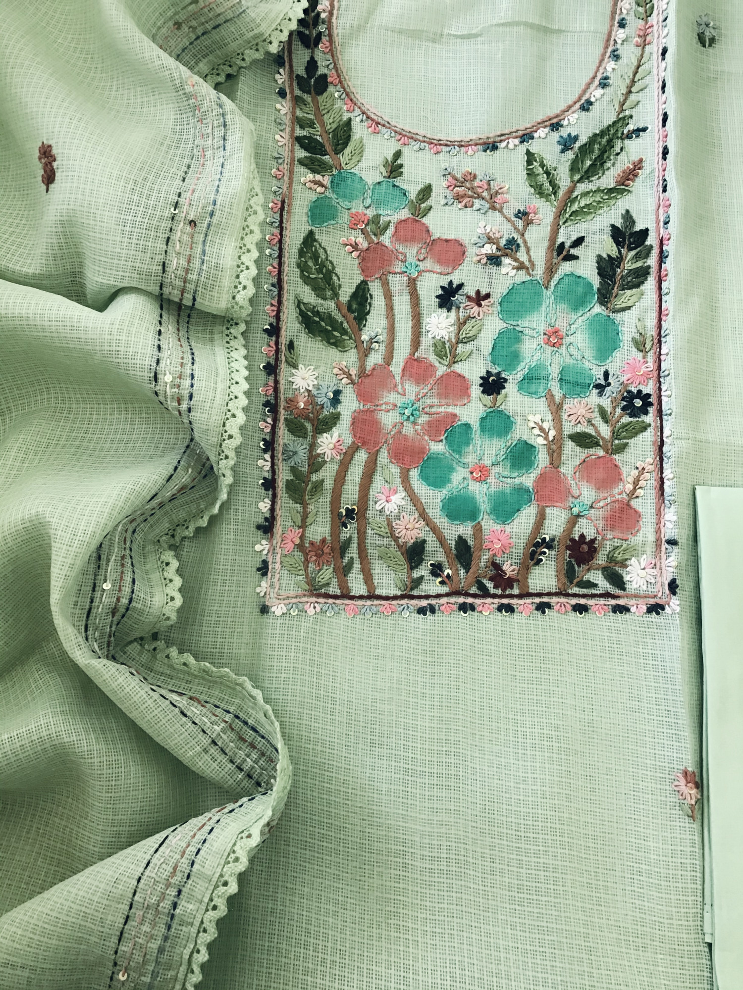 Soft Kota Silk Brush Painted Embroidered Suit - Green