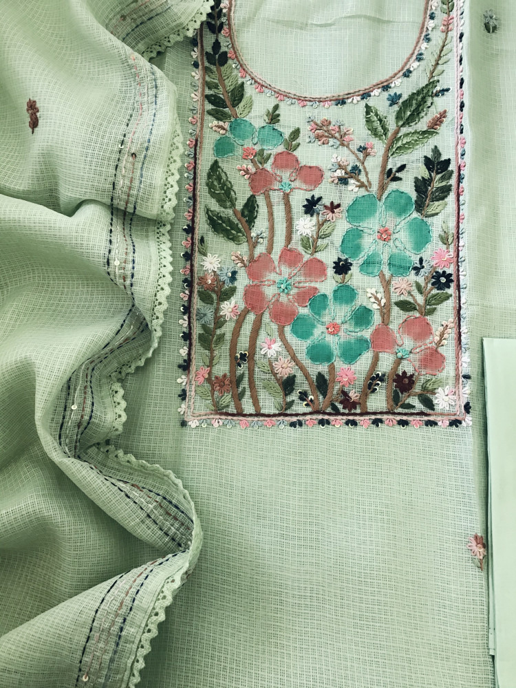 Image of Soft Kota Silk Brush Painted Embroidered Suit - Green