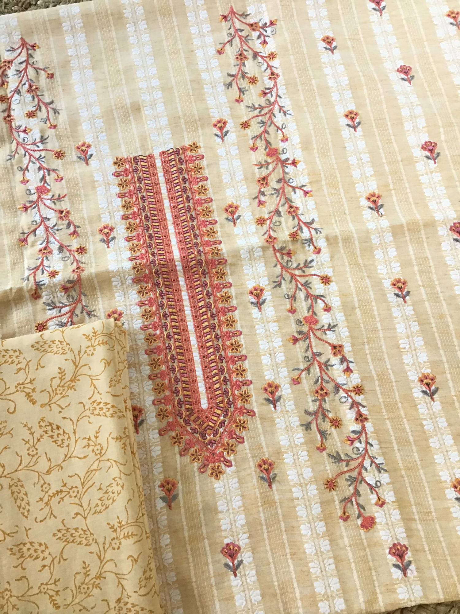 Pure Handloom Cotton Silk Self Weaved Printed Embroidered Suit - Yellow