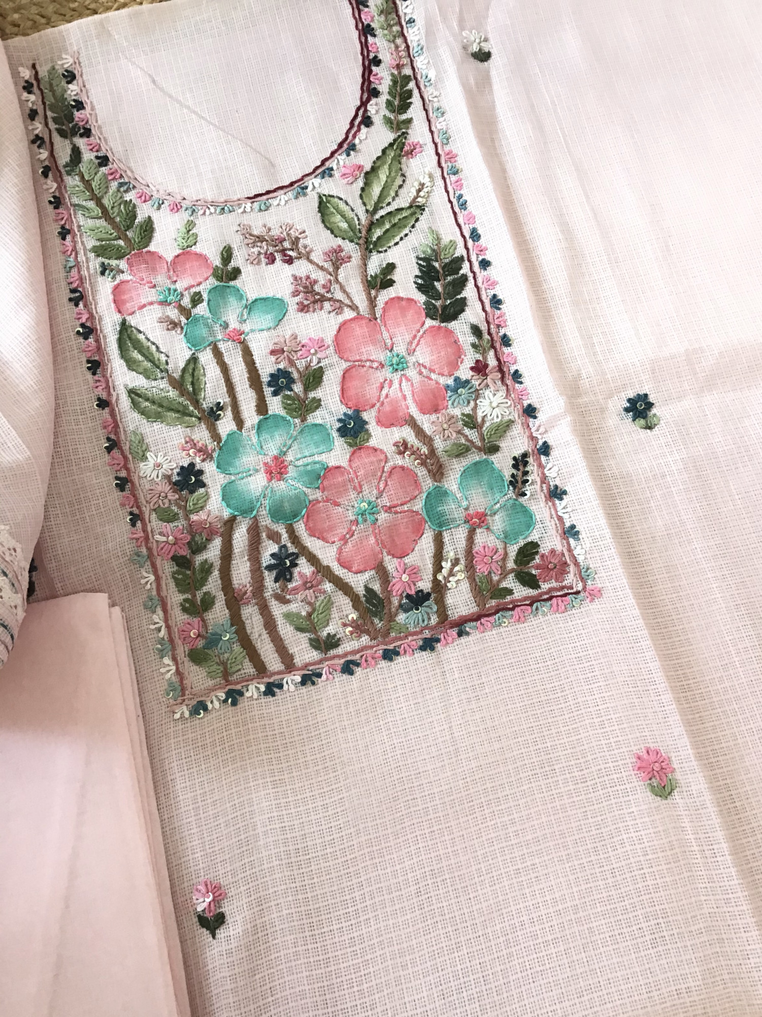 Soft Kota Silk Brush Painted Embroidered Suit - Pink