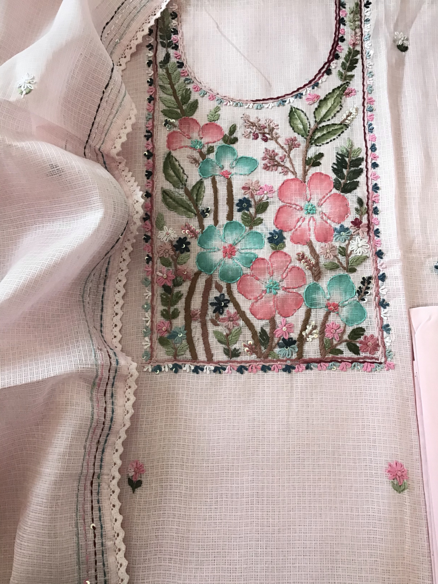 Soft Kota Silk Brush Painted Embroidered Suit - Pink