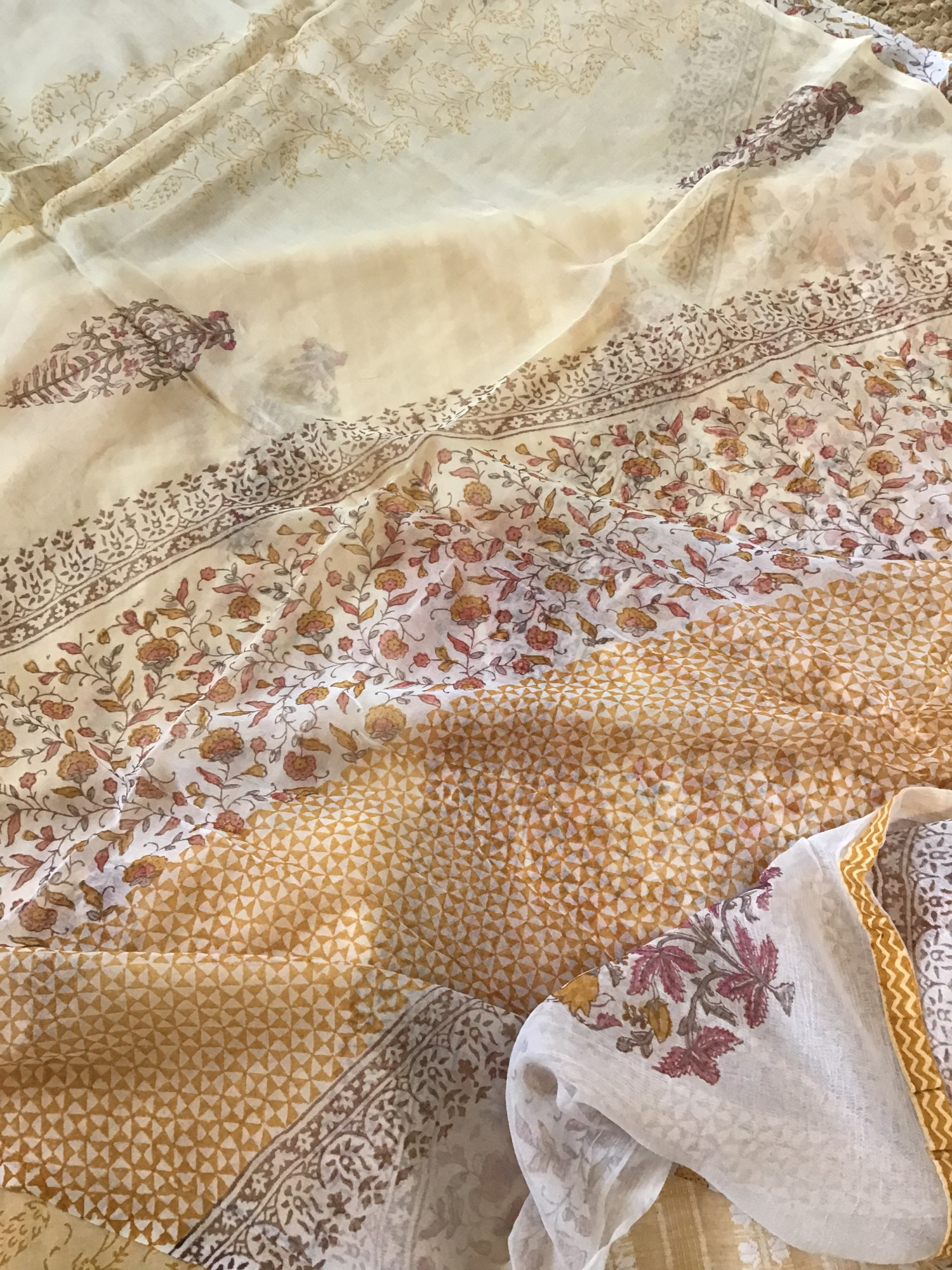 Pure Handloom Cotton Silk Self Weaved Printed Embroidered Suit - Yellow