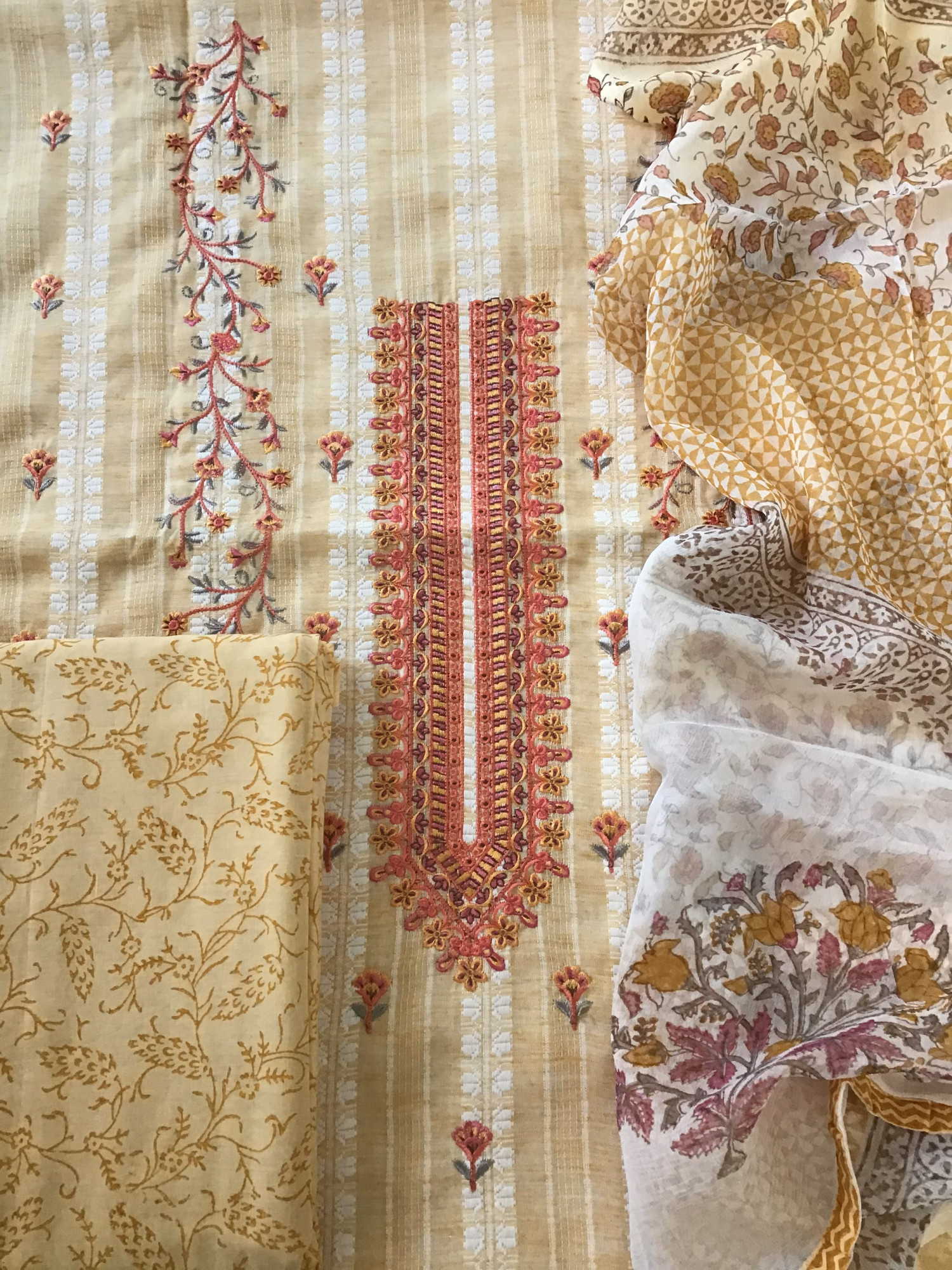 Pure Handloom Cotton Silk Self Weaved Printed Embroidered Suit - Yellow