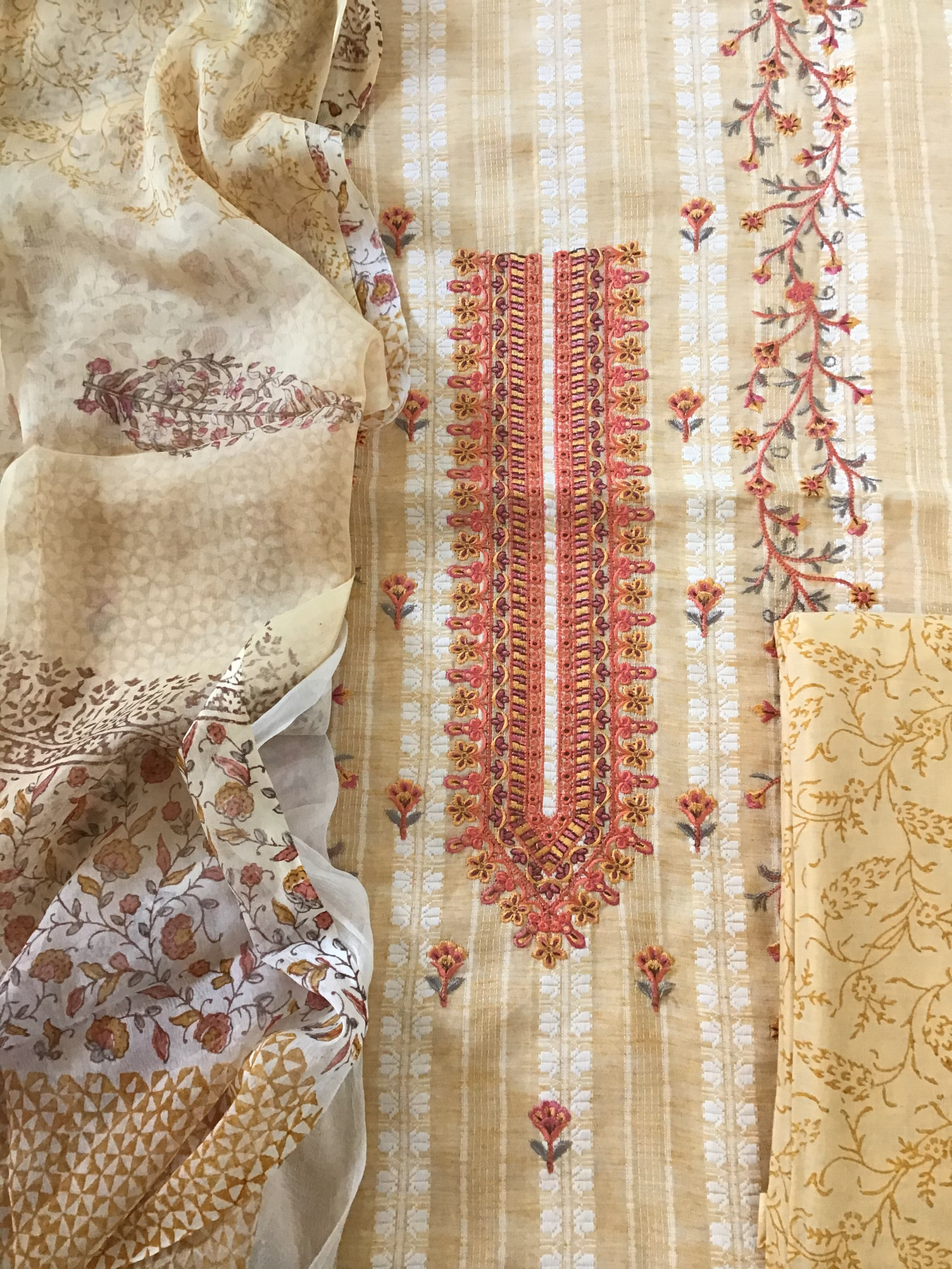 Pure Handloom Cotton Silk Self Weaved Printed Embroidered Suit - Yellow