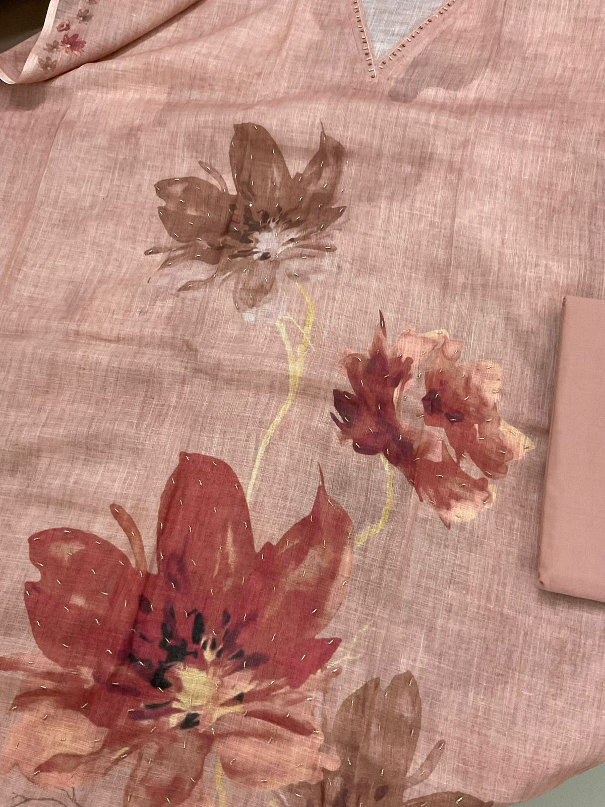 Soft Linen Jute Cotton Printed Embroidered Suit - Peach