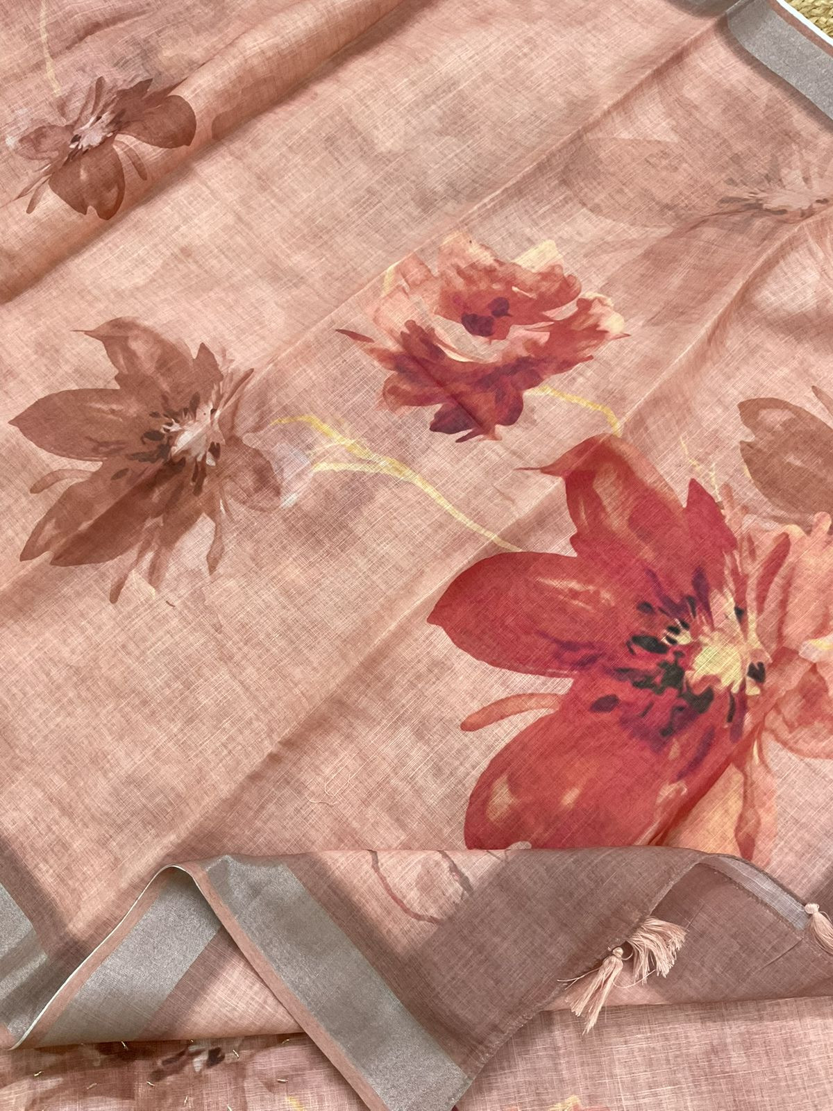 Soft Linen Jute Cotton Printed Embroidered Suit - Peach