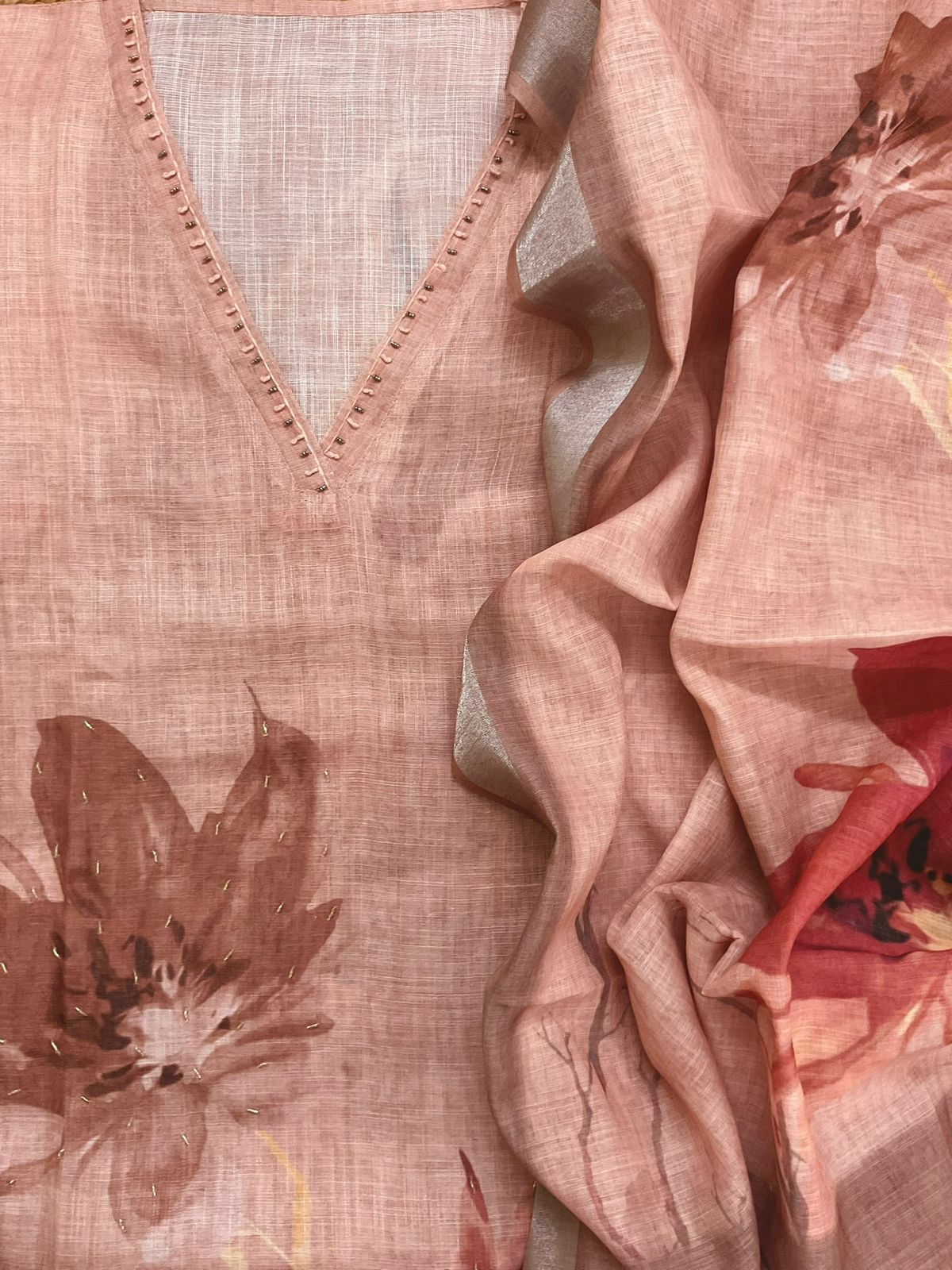 Soft Linen Jute Cotton Printed Embroidered Suit - Peach