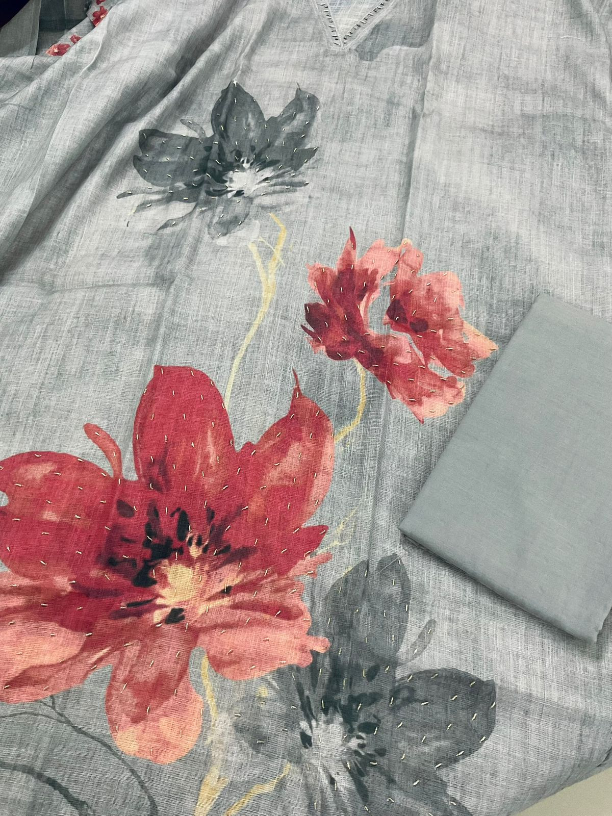 Soft Linen Jute Cotton Printed Embroidered Suit - Grey