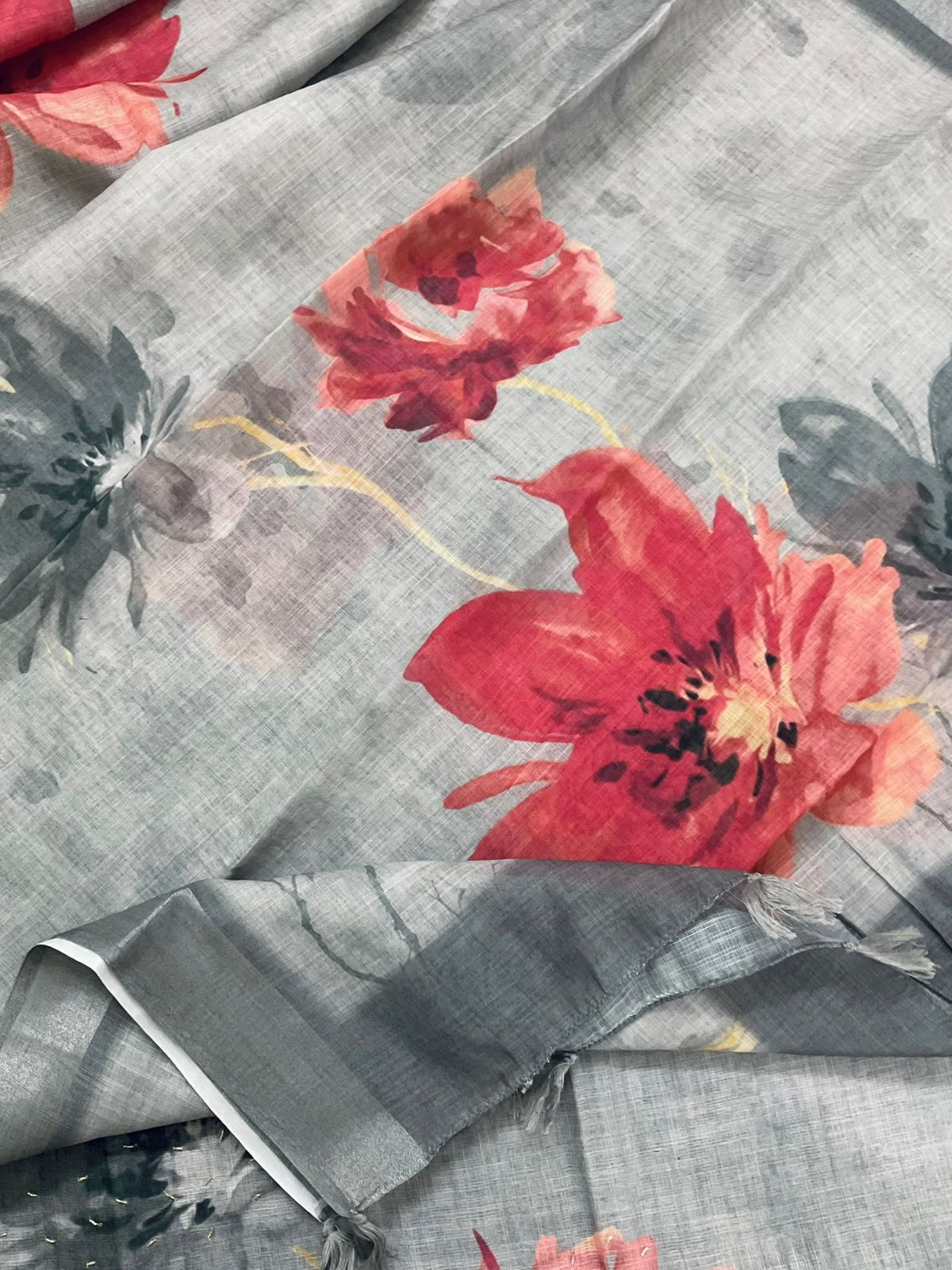 Soft Linen Jute Cotton Printed Embroidered Suit - Grey