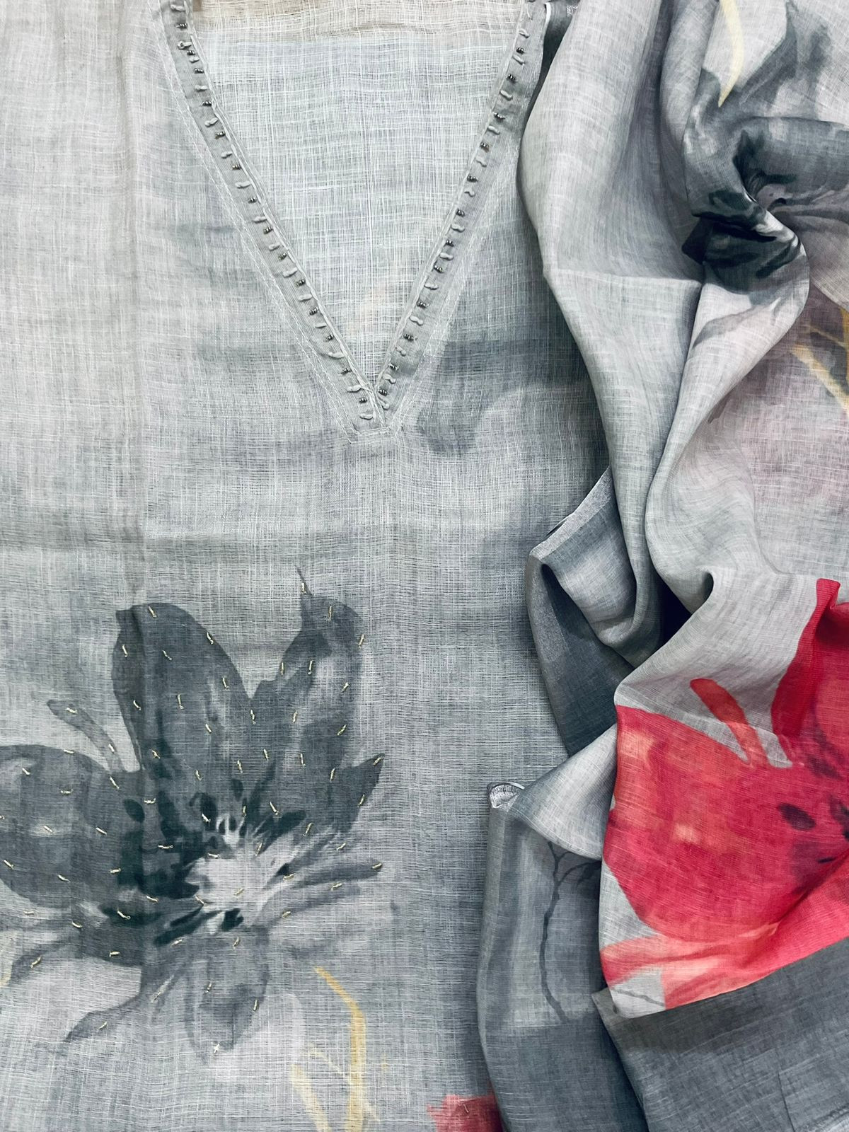 Soft Linen Jute Cotton Printed Embroidered Suit - Grey