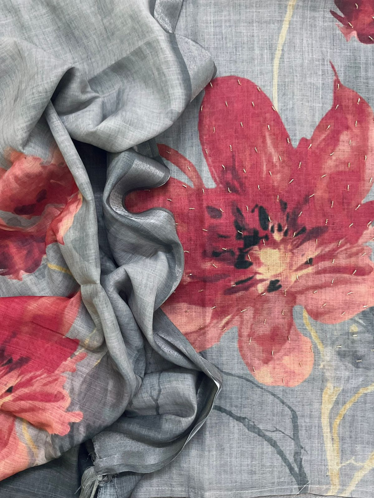 Soft Linen Jute Cotton Printed Embroidered Suit - Grey