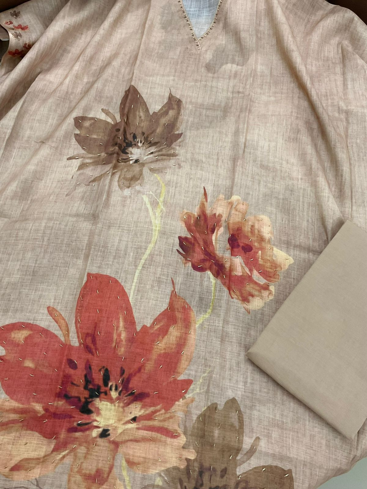 Soft Linen Jute Cotton Printed Embroidered Suit - Beige