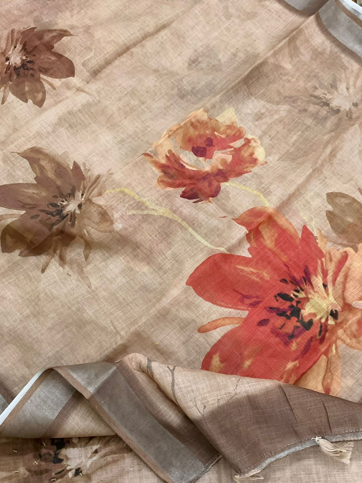 Soft Linen Jute Cotton Printed Embroidered Suit - Beige