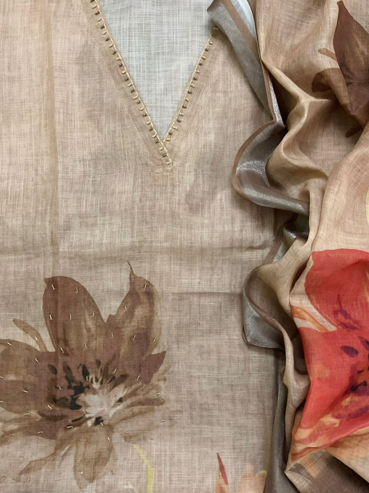 Soft Linen Jute Cotton Printed Embroidered Suit - Beige