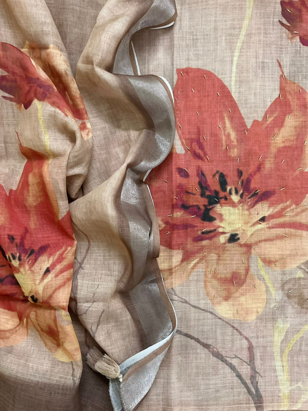 Soft Linen Jute Cotton Printed Embroidered Suit - Beige