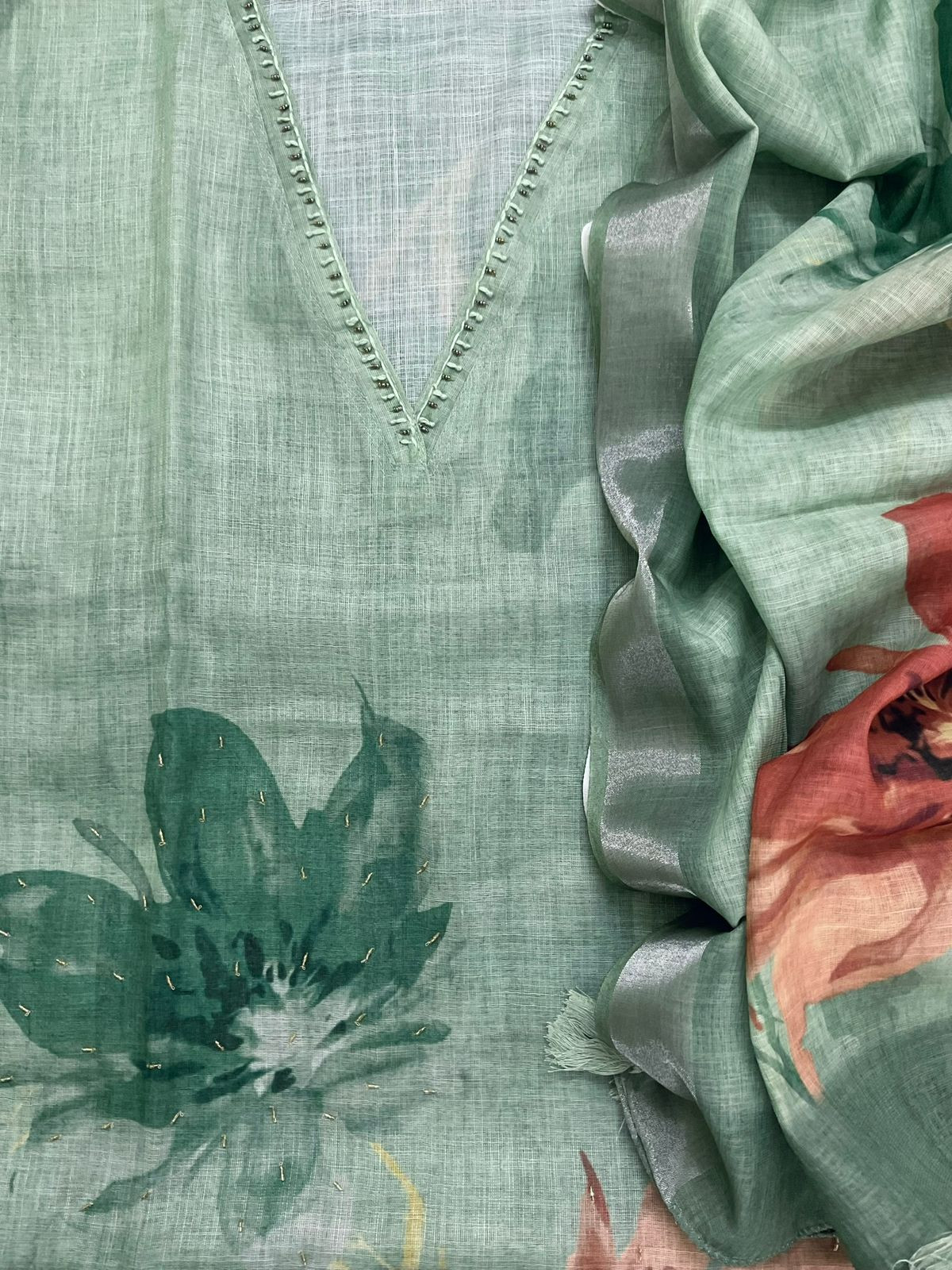 Soft Linen Jute Cotton Printed Embroidered Suit - Green