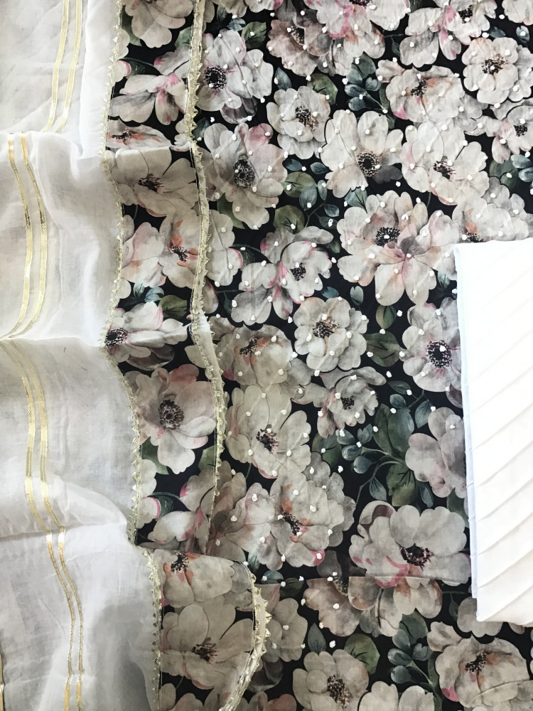 Image of Pure Cotton Printed Embroidered Suit - Black