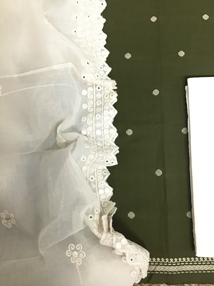 Image of Pure Handloom Cotton Self Weaved Suit - Green