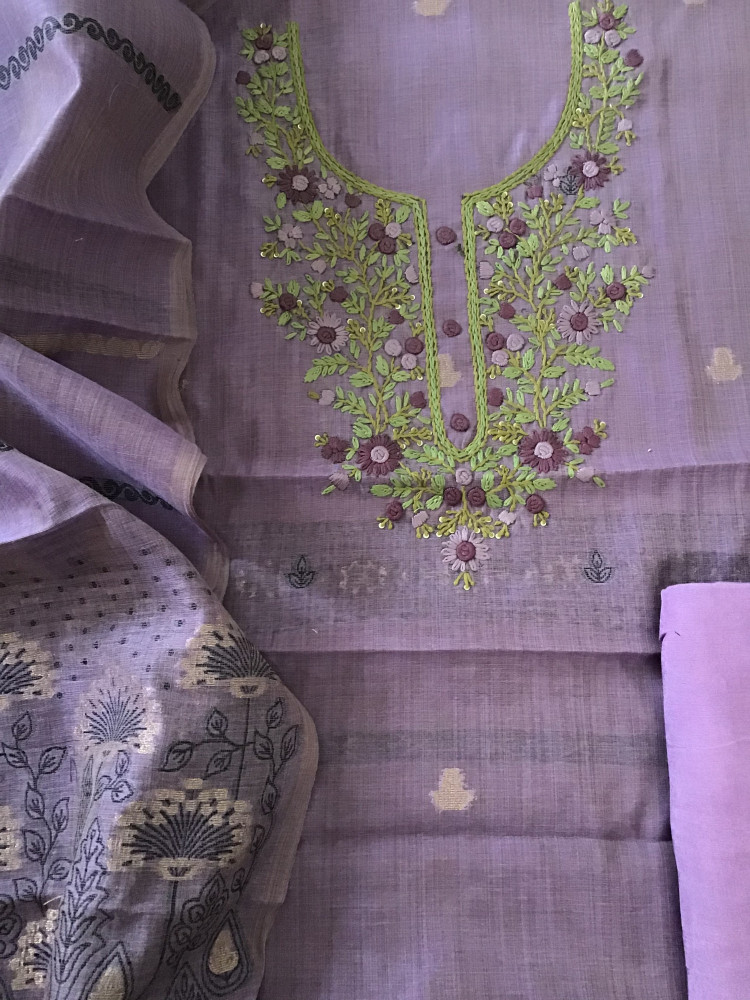 Image of Soft Slub Chanderi Jamdani Weaved Embroidered Suit - Purple
