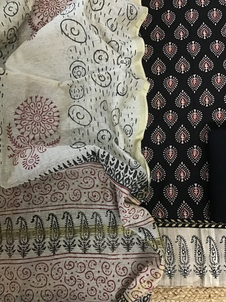 Image of Pure Cotton Printed Embroidered Suit - Black