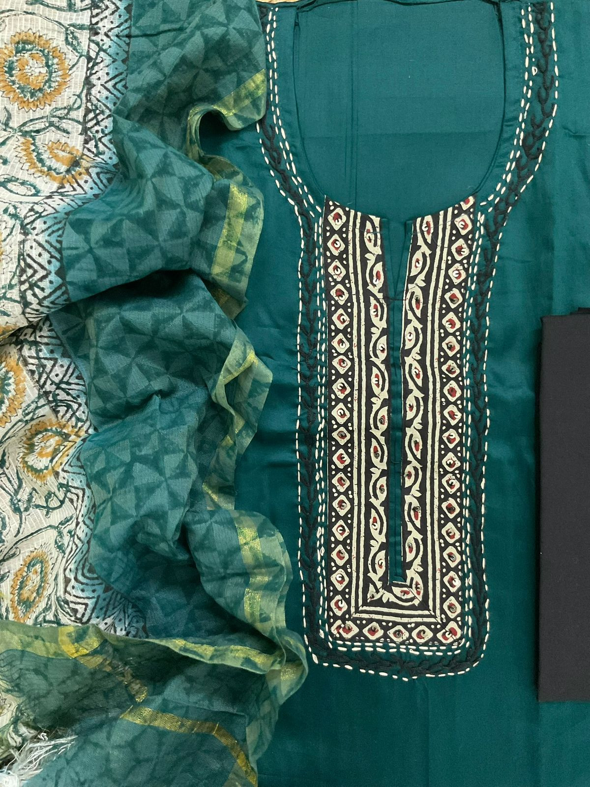 Pure Jaam Cotton Printed Embroidered Suit - Peacock Blue