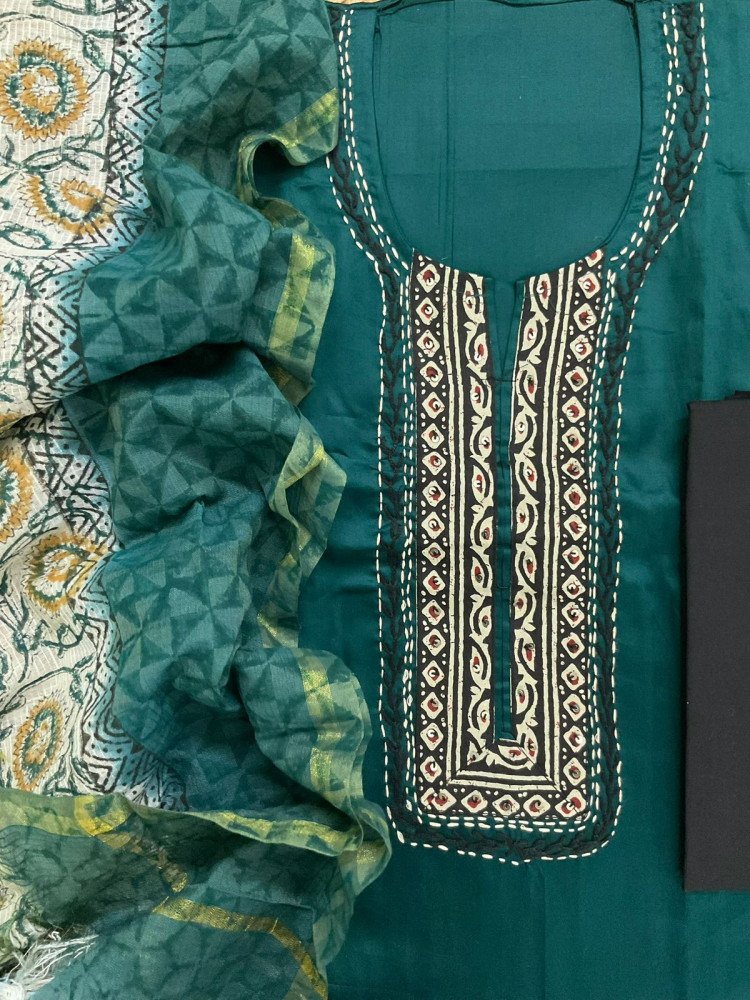 Image of Pure Jaam Cotton Printed Embroidered Suit - Peacock Blue