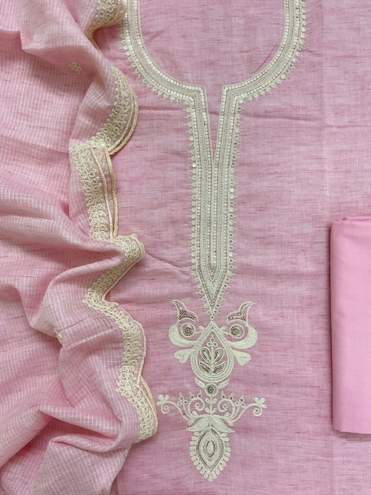 Image of Pure Fine Handloom Cotton Embroidered Suit - Pink