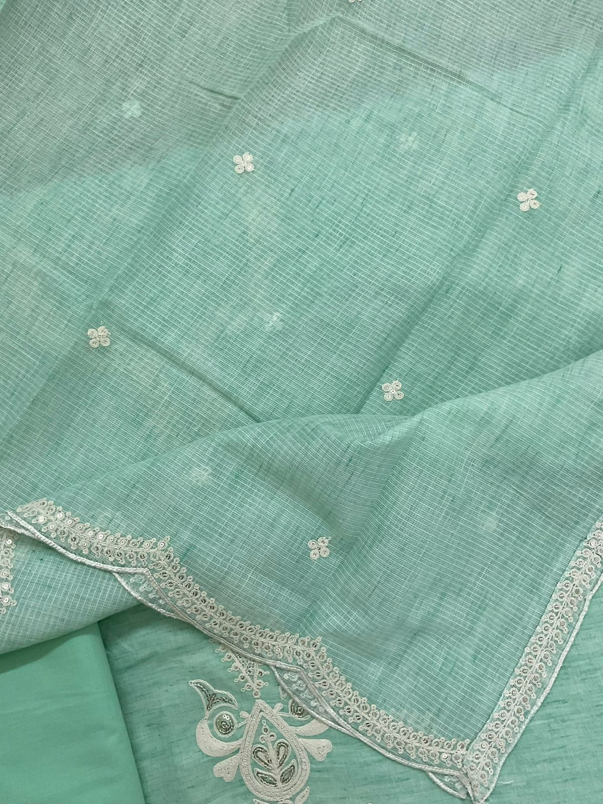 Pure Fine Handloom Cotton Embroidered Suit - Sea Green