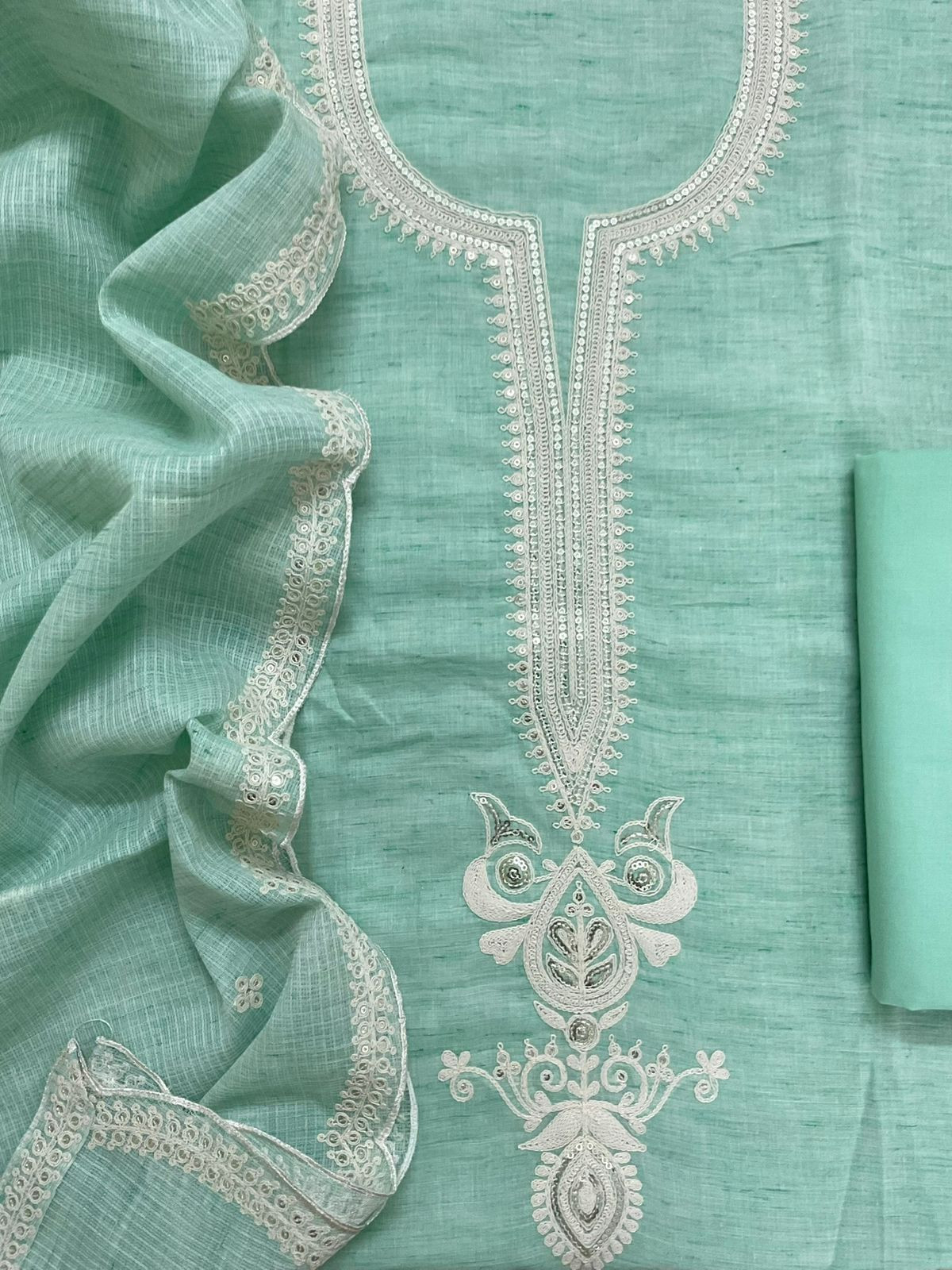 Pure Fine Handloom Cotton Embroidered Suit - Sea Green