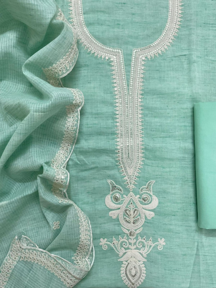 Image of Pure Fine Handloom Cotton Embroidered Suit - Sea Green