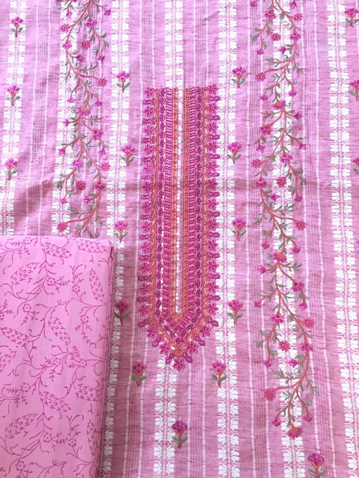 Pure Handloom Cotton Silk Self Weaved Printed Embroidered Suit - Pink
