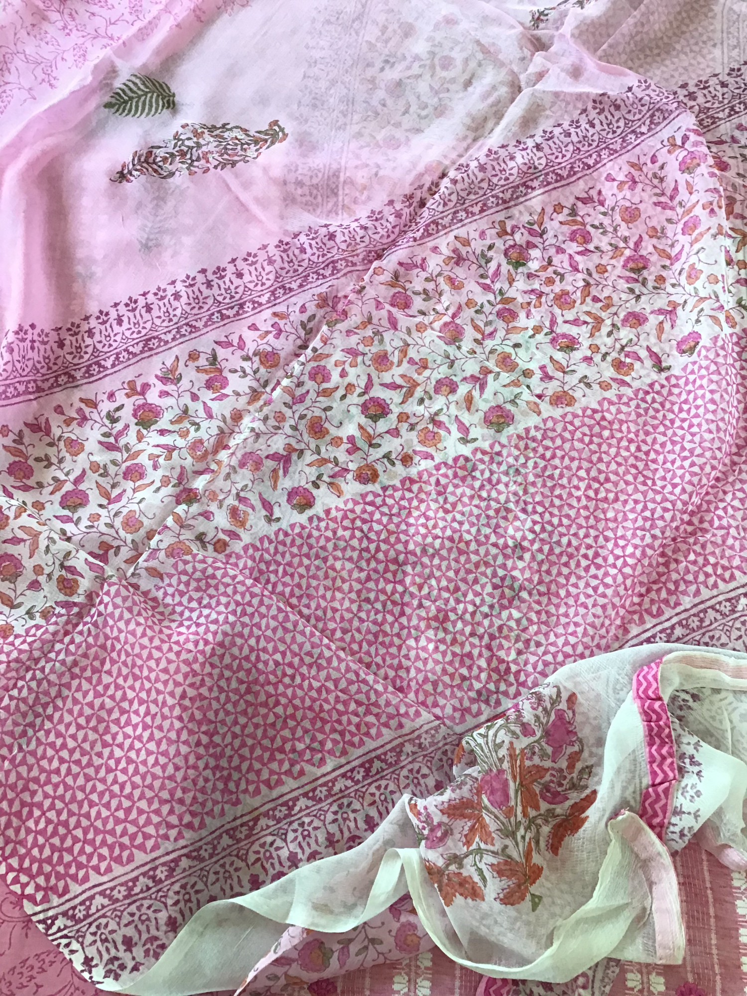 Pure Handloom Cotton Silk Self Weaved Printed Embroidered Suit - Pink