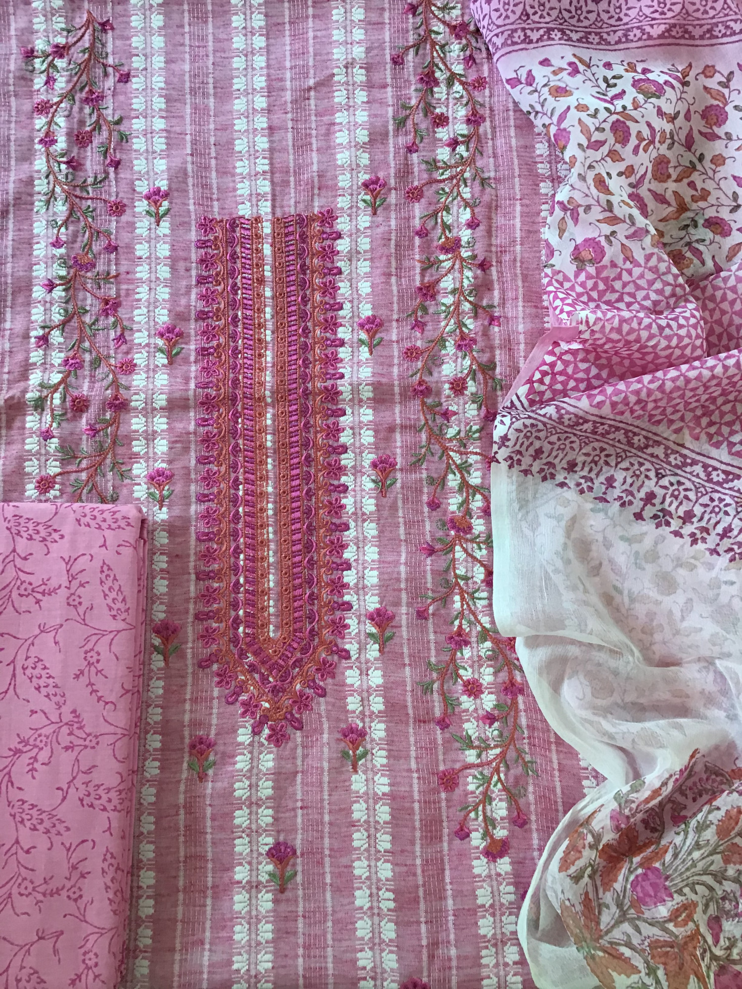 Pure Handloom Cotton Silk Self Weaved Printed Embroidered Suit - Pink