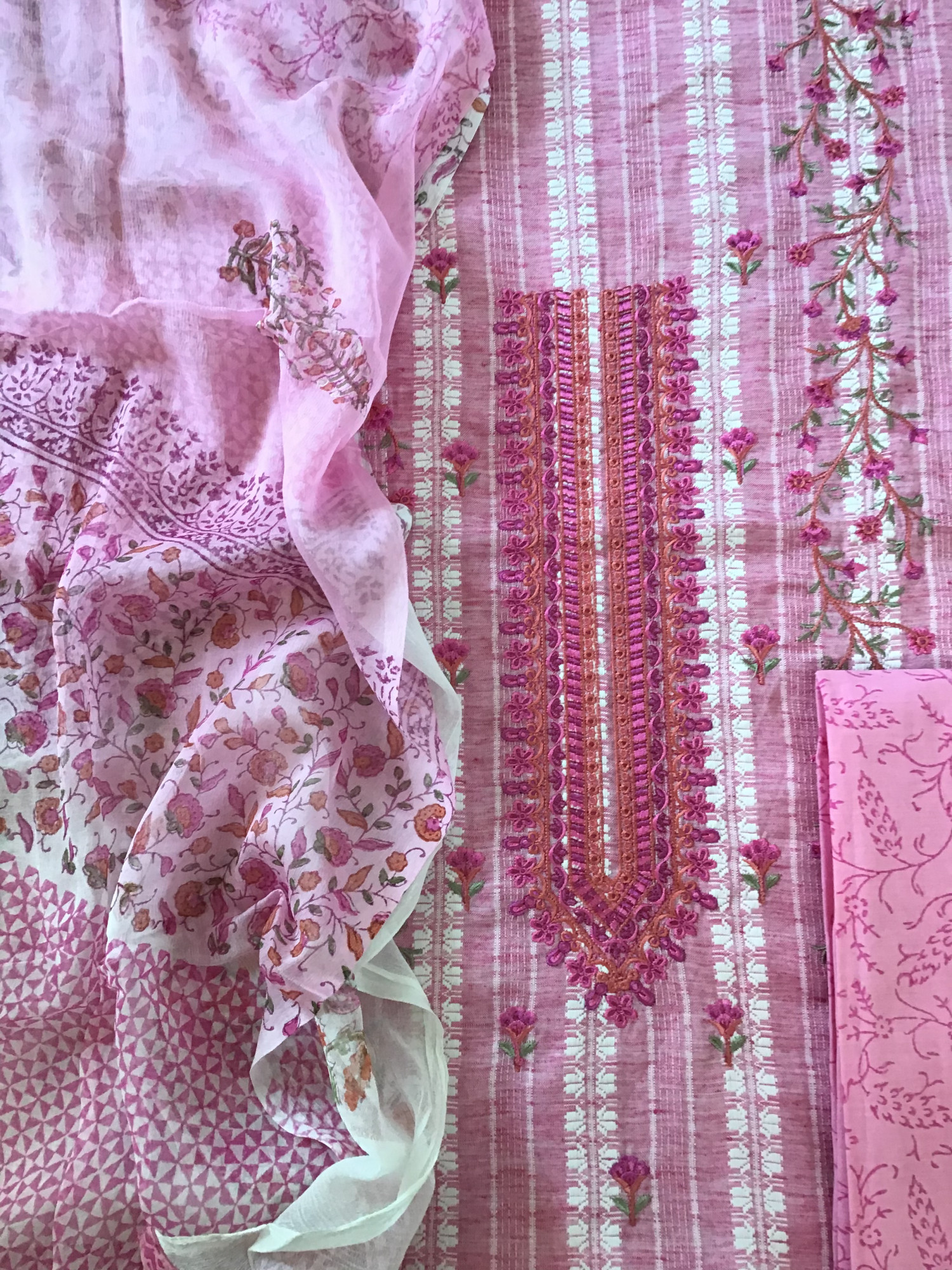 Pure Handloom Cotton Silk Self Weaved Printed Embroidered Suit - Pink