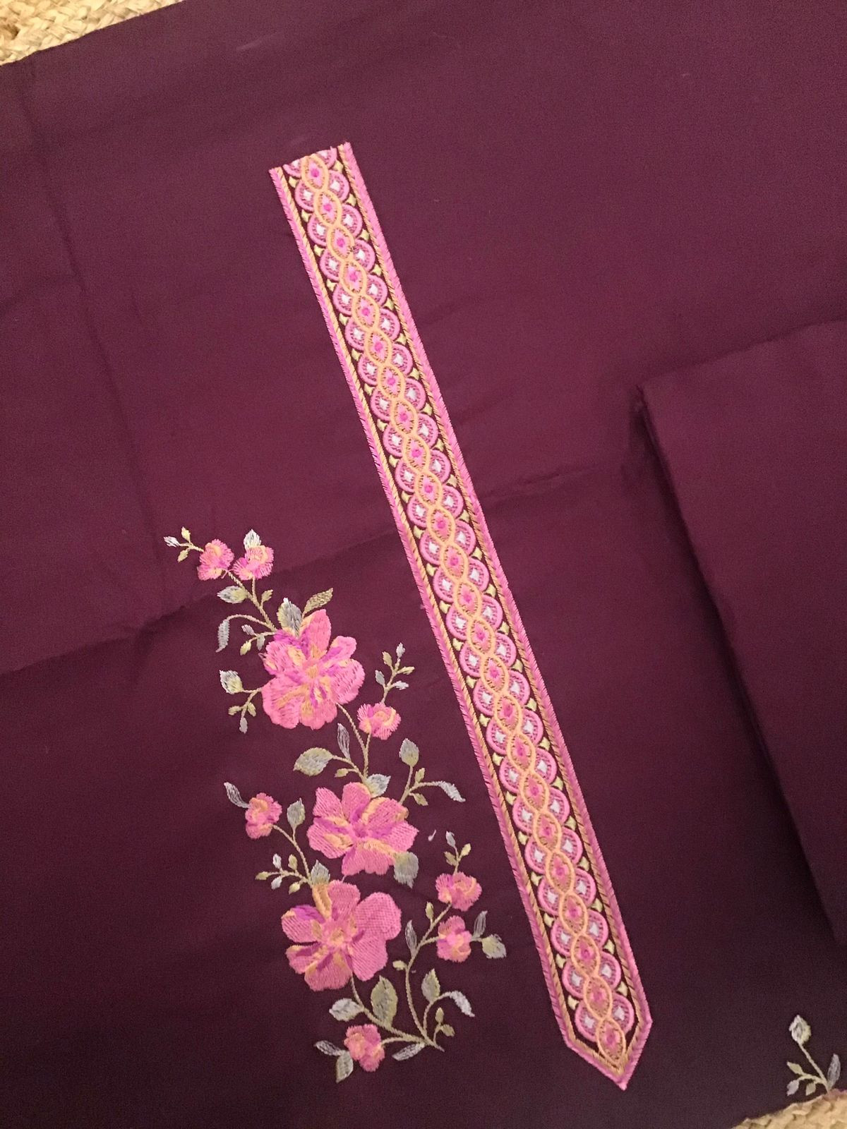 Soft Woollen Slub Silk Embroidered Suit - Wine