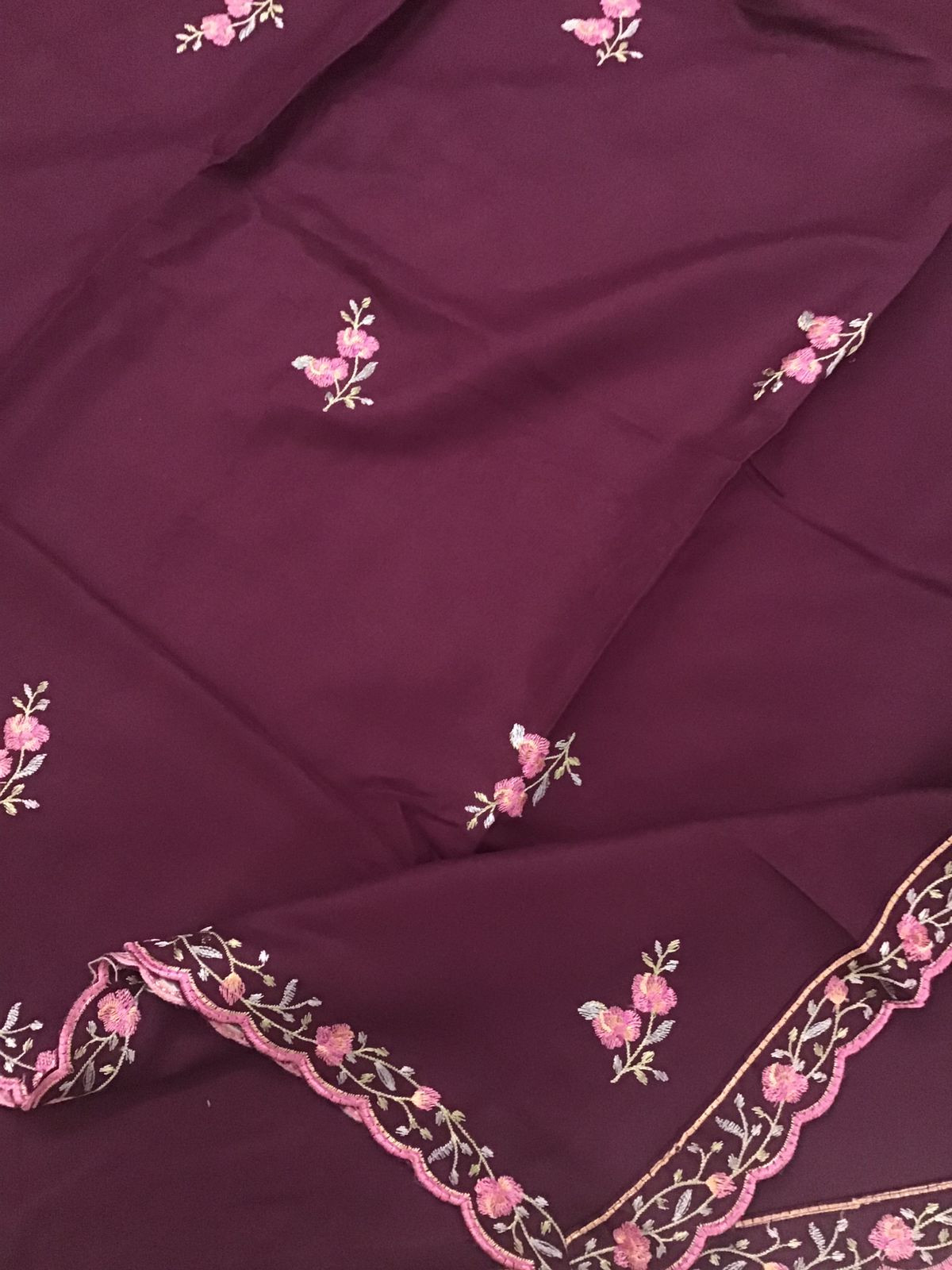Soft Woollen Slub Silk Embroidered Suit - Wine