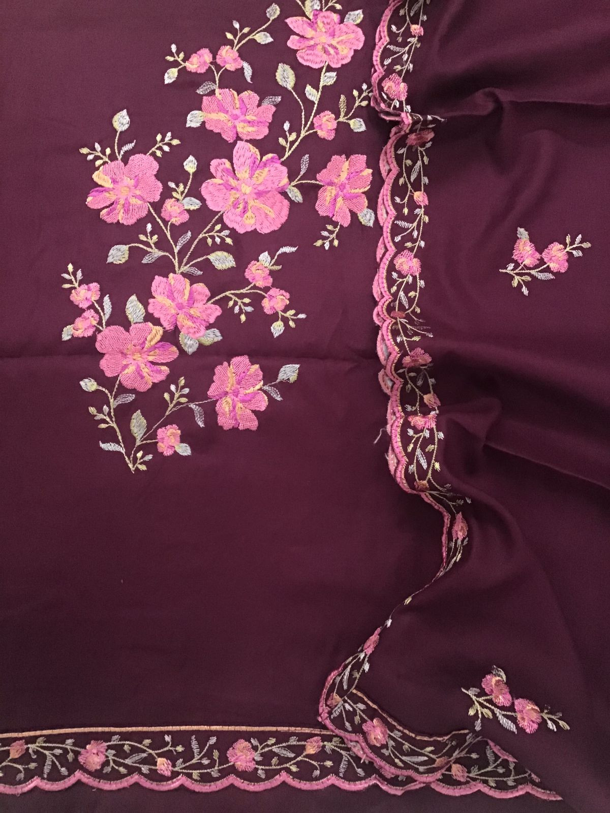 Soft Woollen Slub Silk Embroidered Suit - Wine