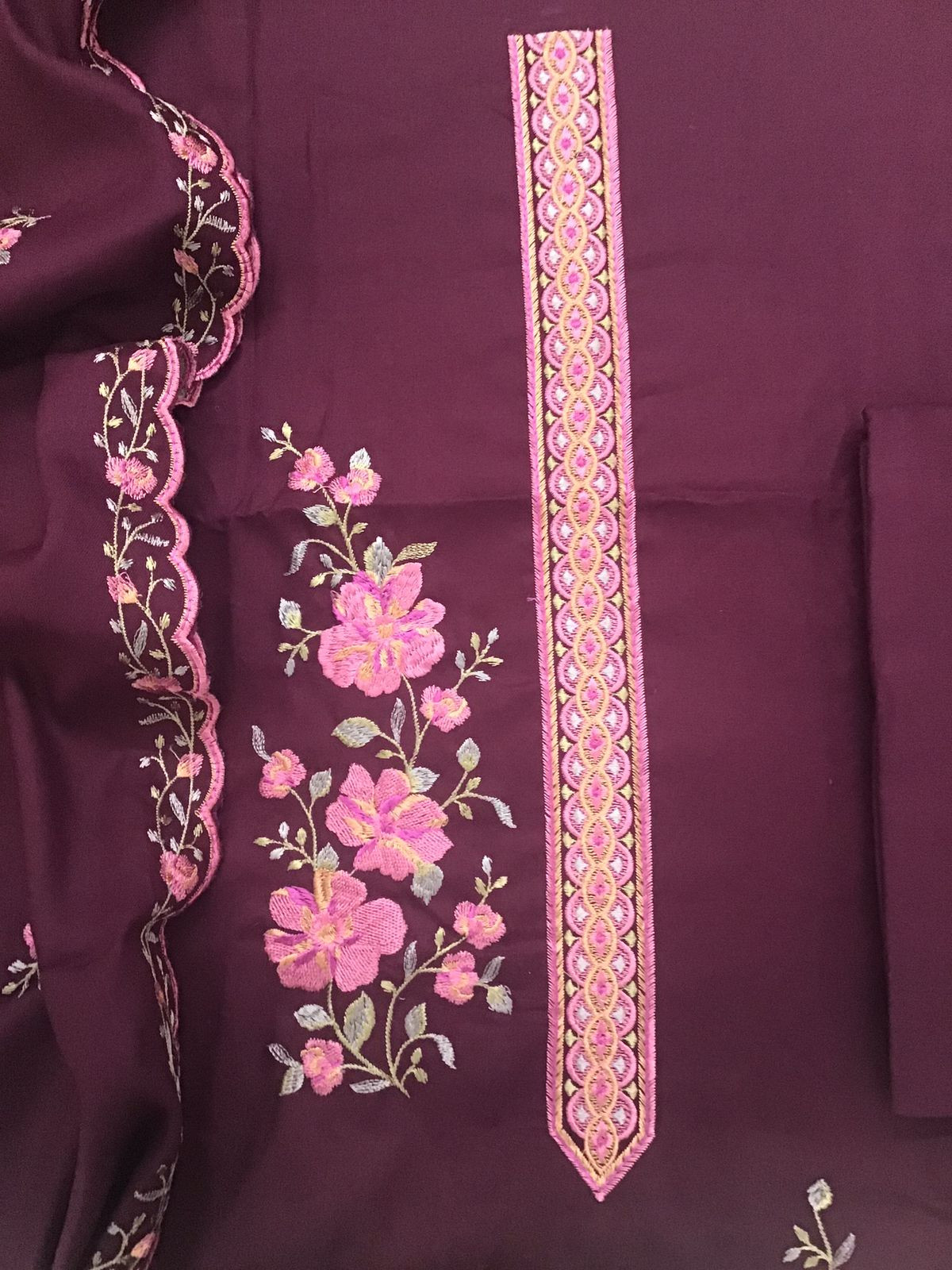 Soft Woollen Slub Silk Embroidered Suit - Wine