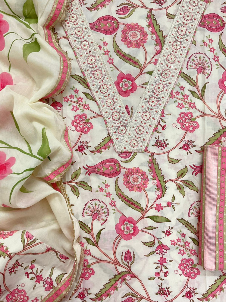 Image of Pure Cotton Printed Embroidered Suit - Offwhite