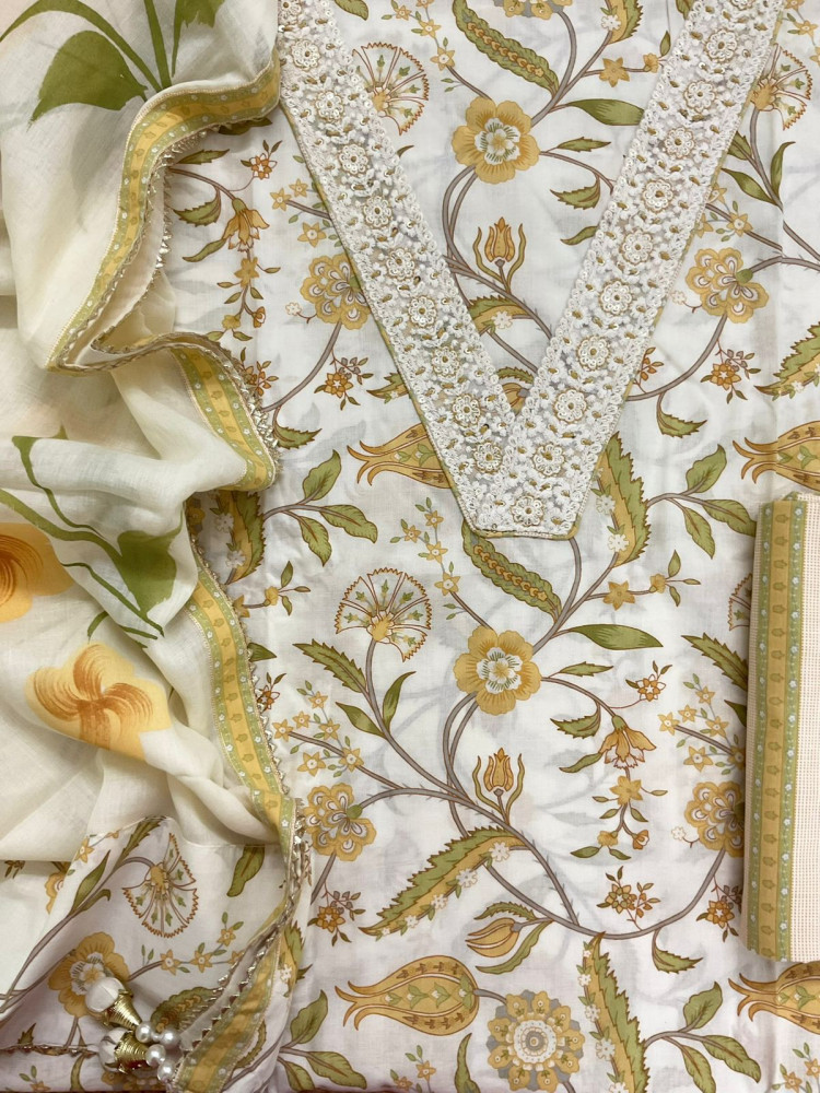 Image of Pure Cotton Printed Embroidered Suit - Offwhite