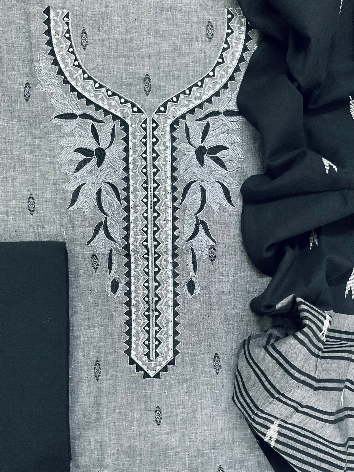 Pure Handloom Cotton Self Weaved Embroidered Suit - Black