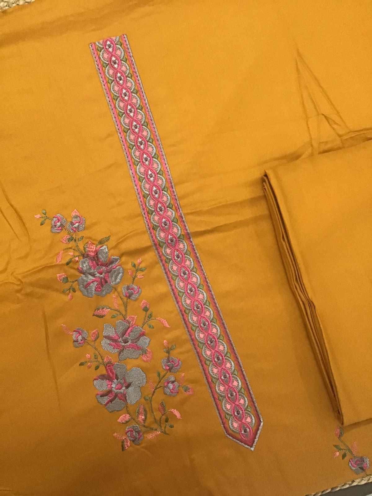 Soft Woollen Slub Silk Embroidered Suit - Yellowish Orange