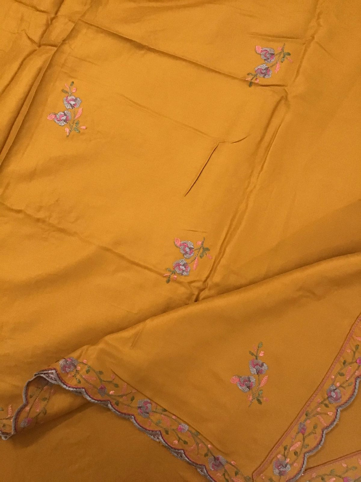Soft Woollen Slub Silk Embroidered Suit - Yellowish Orange
