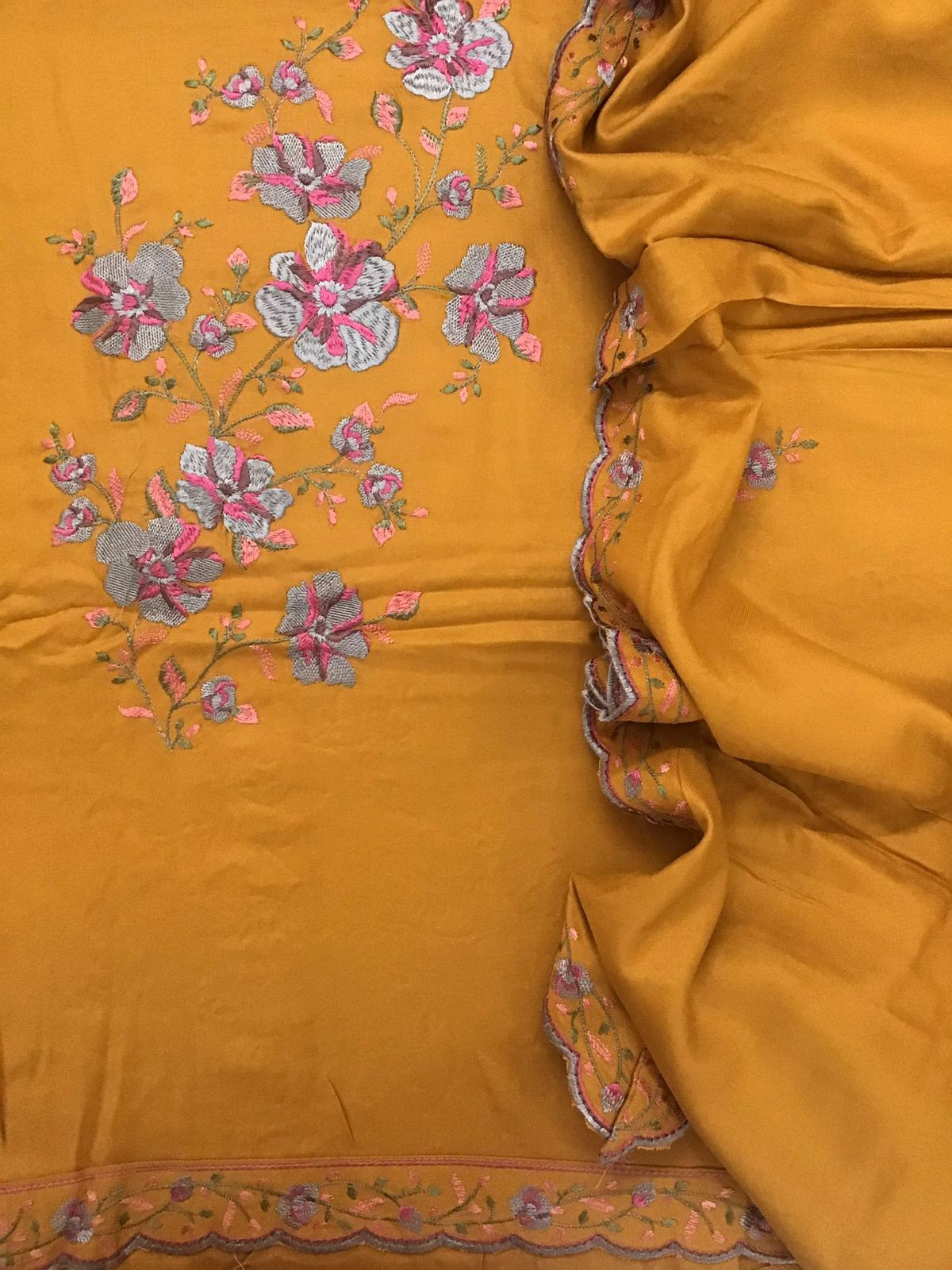 Soft Woollen Slub Silk Embroidered Suit - Yellowish Orange